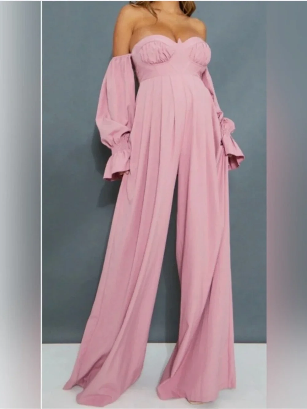 PrettyLittle Thing Maternity Pink Corset Detail Bardot Wide Leg Jumpsuit Size 6 - Picture 1 of 5